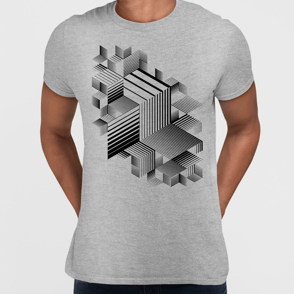 Linear striped abstract 3D dimensional retro style graphic element T-shirt with cubes One - Kuzi Tees