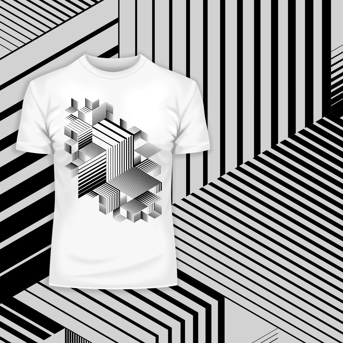 Linear striped abstract 3D dimensional retro style graphic element T-shirt with cubes One - Kuzi Tees