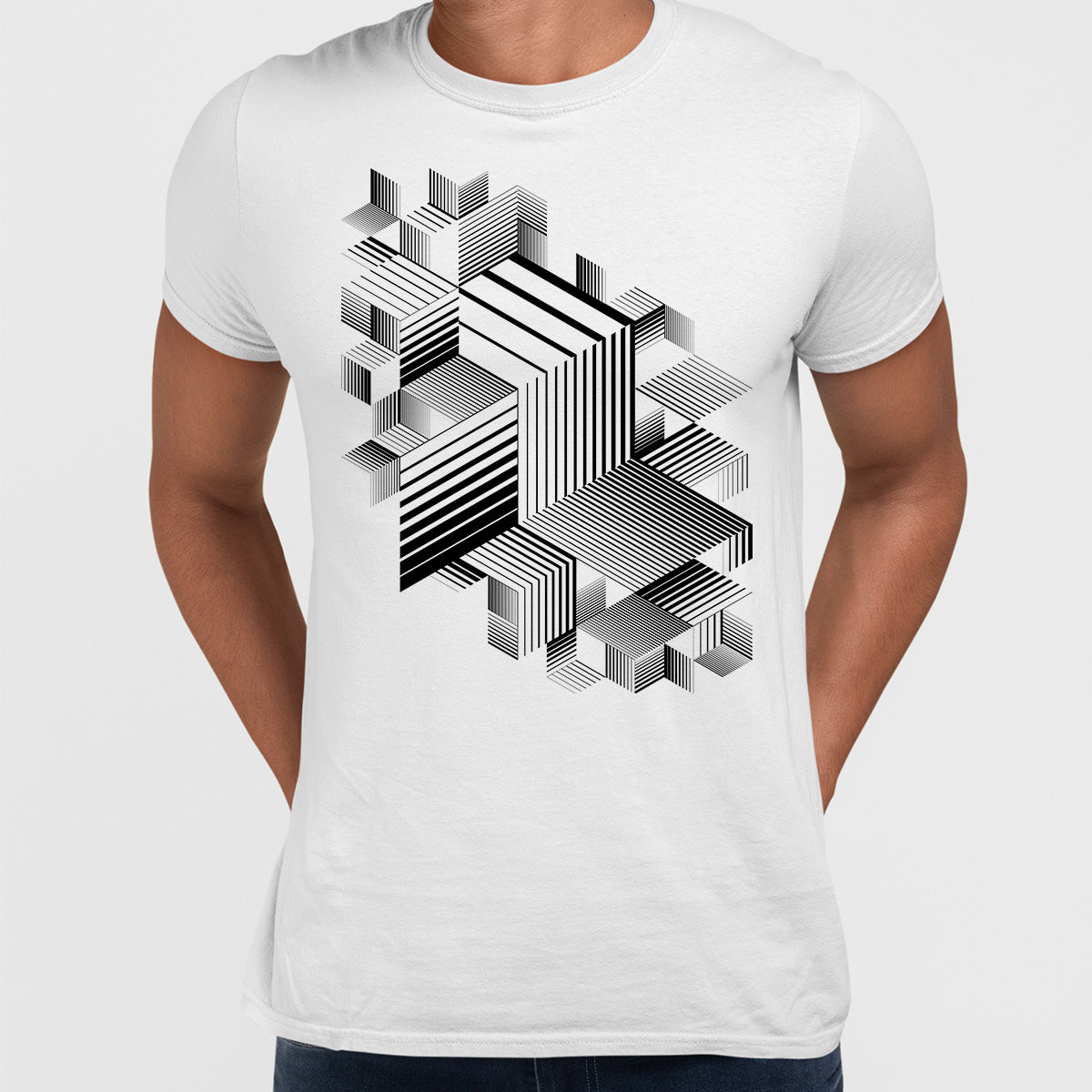 Linear striped abstract 3D dimensional retro style graphic element T-shirt with cubes One - Kuzi Tees