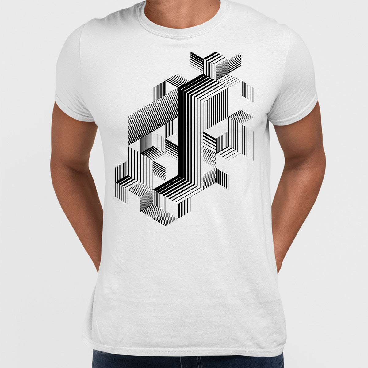 Linear striped abstract 3D dimensional retro style graphic element T-shirt with cubes Three - Kuzi Tees