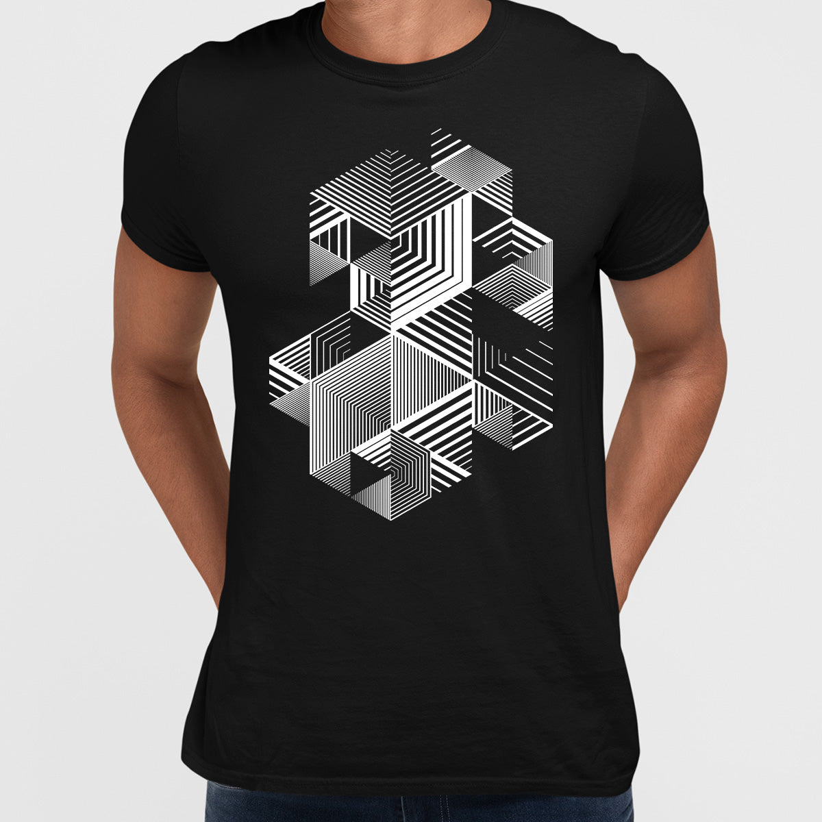 Linear striped abstract 3D dimensional retro style graphic element T-shirt with cubes Two - Kuzi Tees