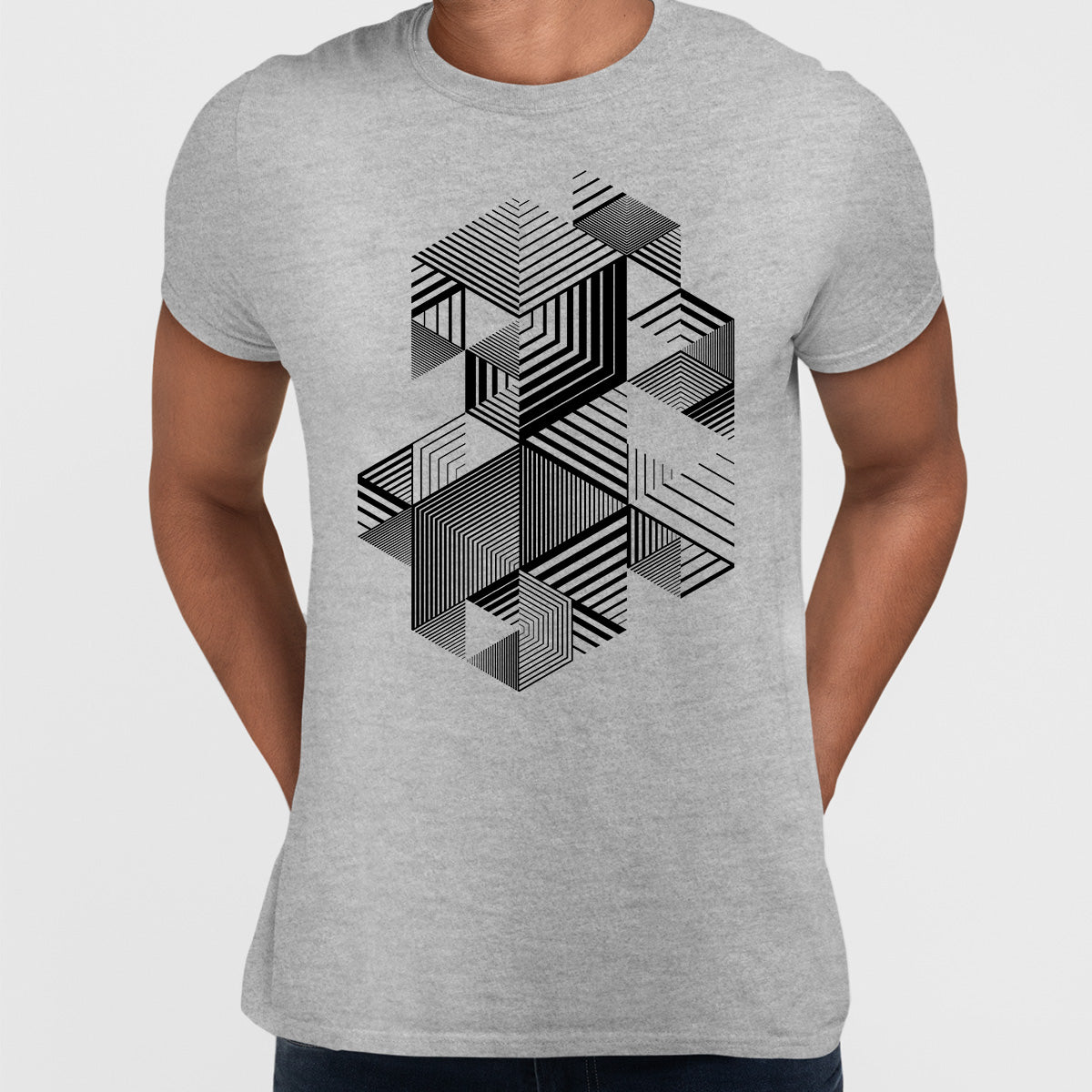 Linear striped abstract 3D dimensional retro style graphic element T-shirt with cubes Two - Kuzi Tees