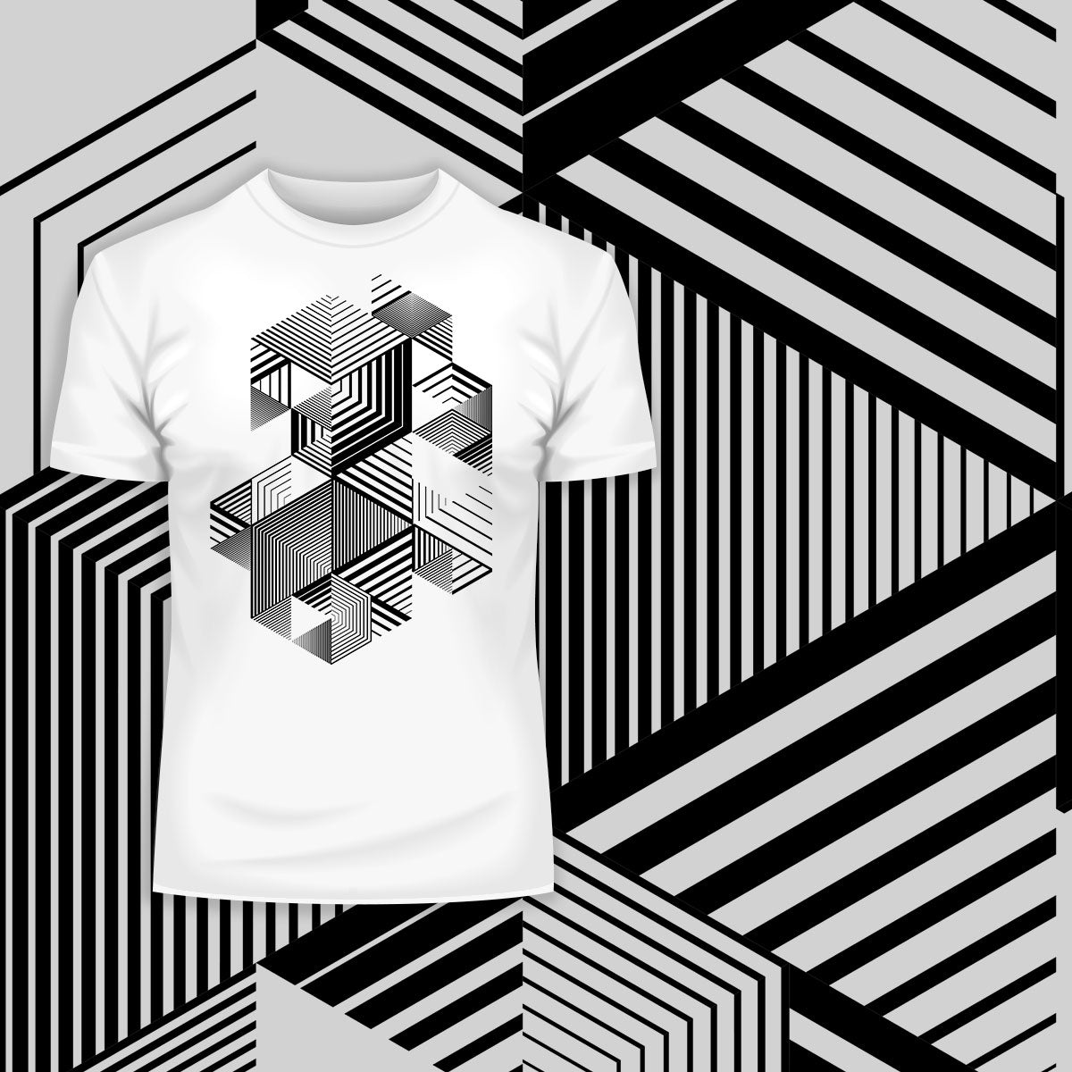 Linear striped abstract 3D dimensional retro style graphic element T-shirt with cubes Two - Kuzi Tees