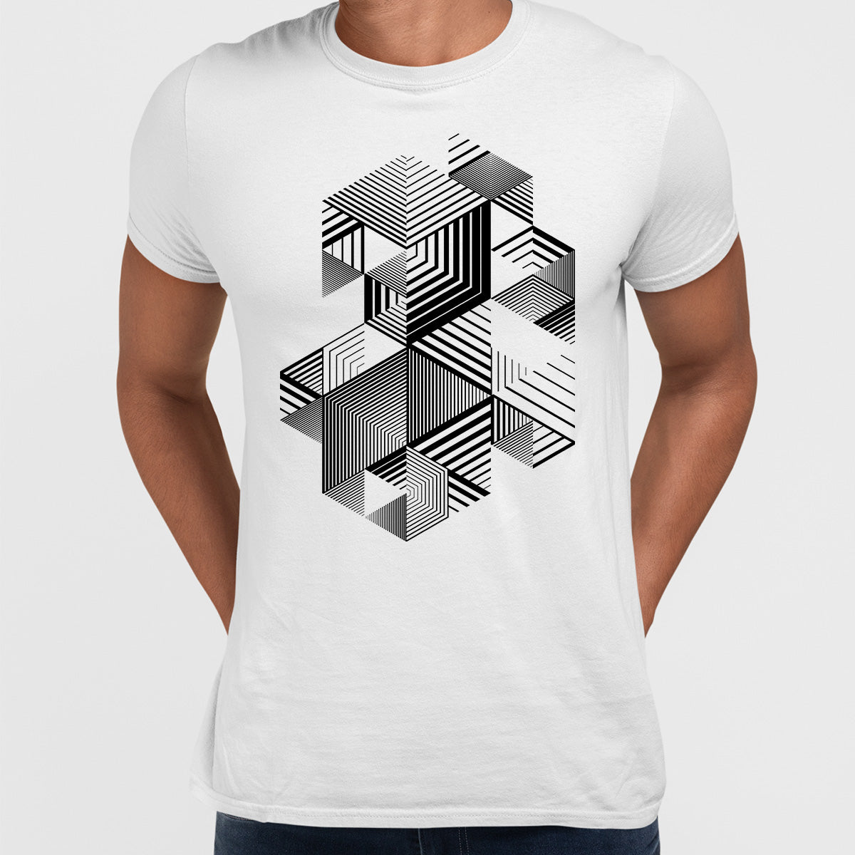 Linear striped abstract 3D dimensional retro style graphic element T-shirt with cubes Two - Kuzi Tees