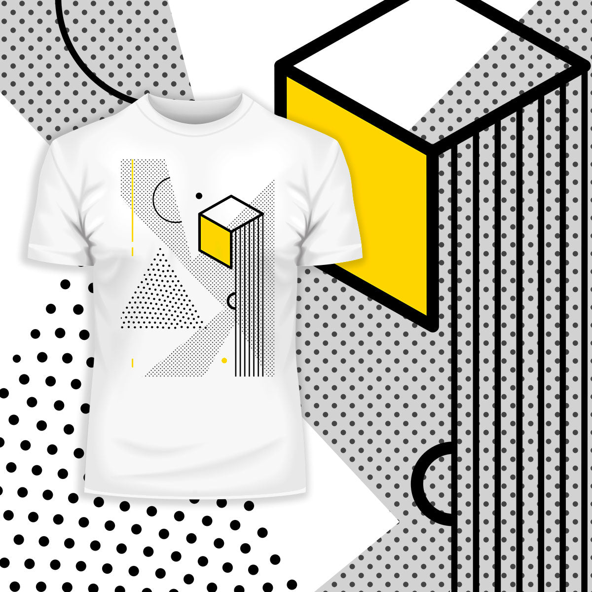 Retro Nemphis Geometric Elements Yellow & Black Abstract T-shirt - Kuzi Tees