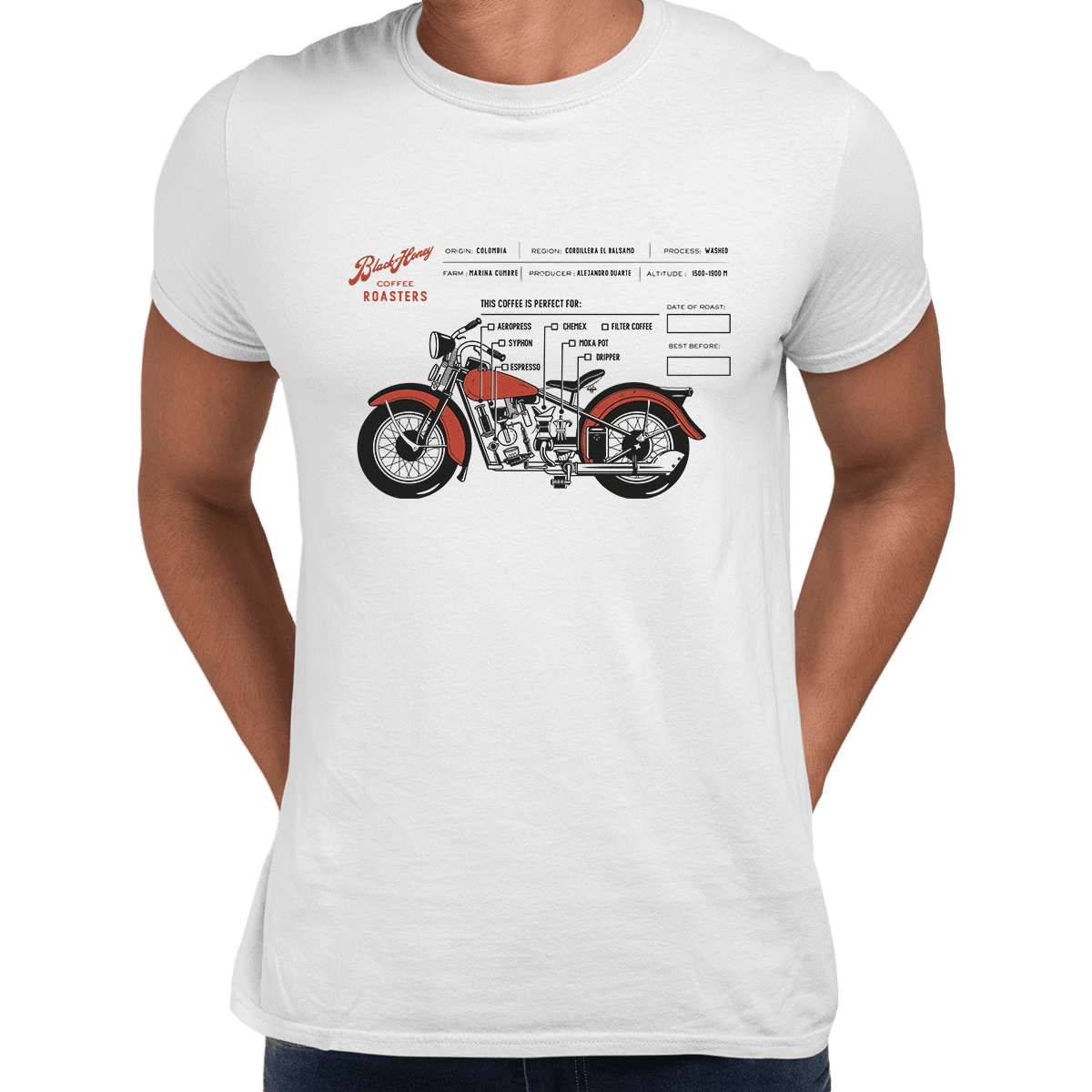 Coffee Roaster Hipster Harley Davidson Biking Columbia Coffee Beans T-Shirt - Kuzi Tees