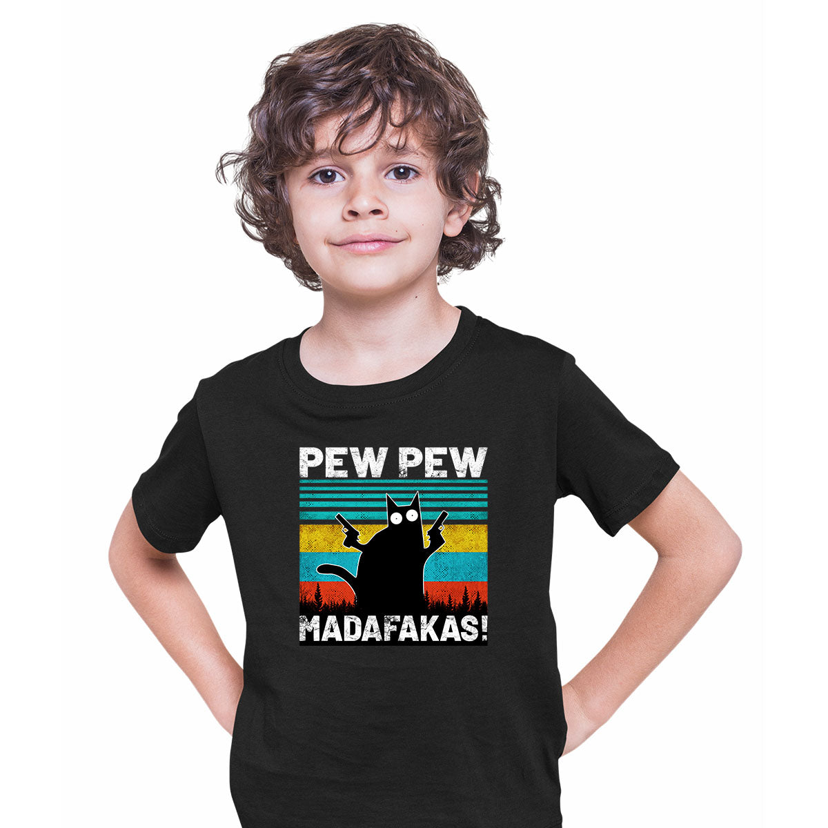 PEW PEW MAD... Vintage Funny T-Shirt Cat Retro Kitten Xmas Gift T-shirt for Kids - Kuzi Tees