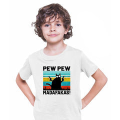 PEW PEW MAD... Vintage Funny T-Shirt Cat Retro Kitten Xmas Gift T-shirt for Kids - Kuzi Tees