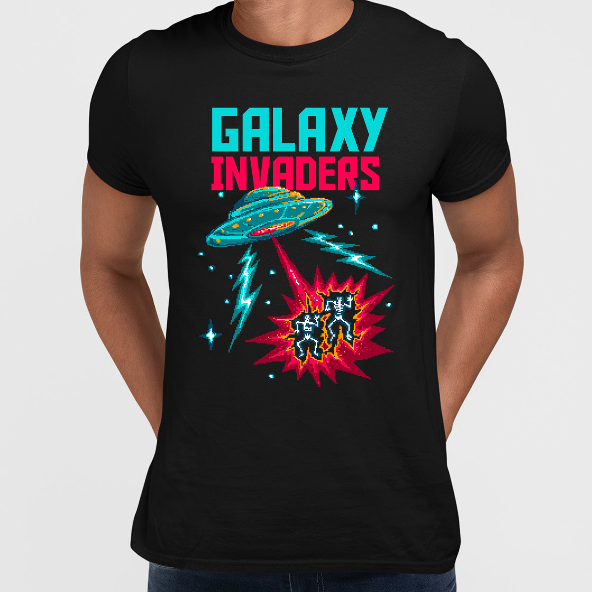 Retro Tee Galaxy Invaders Pixel Art T-Shirt for Geeks and Retro fans - Kuzi Tees