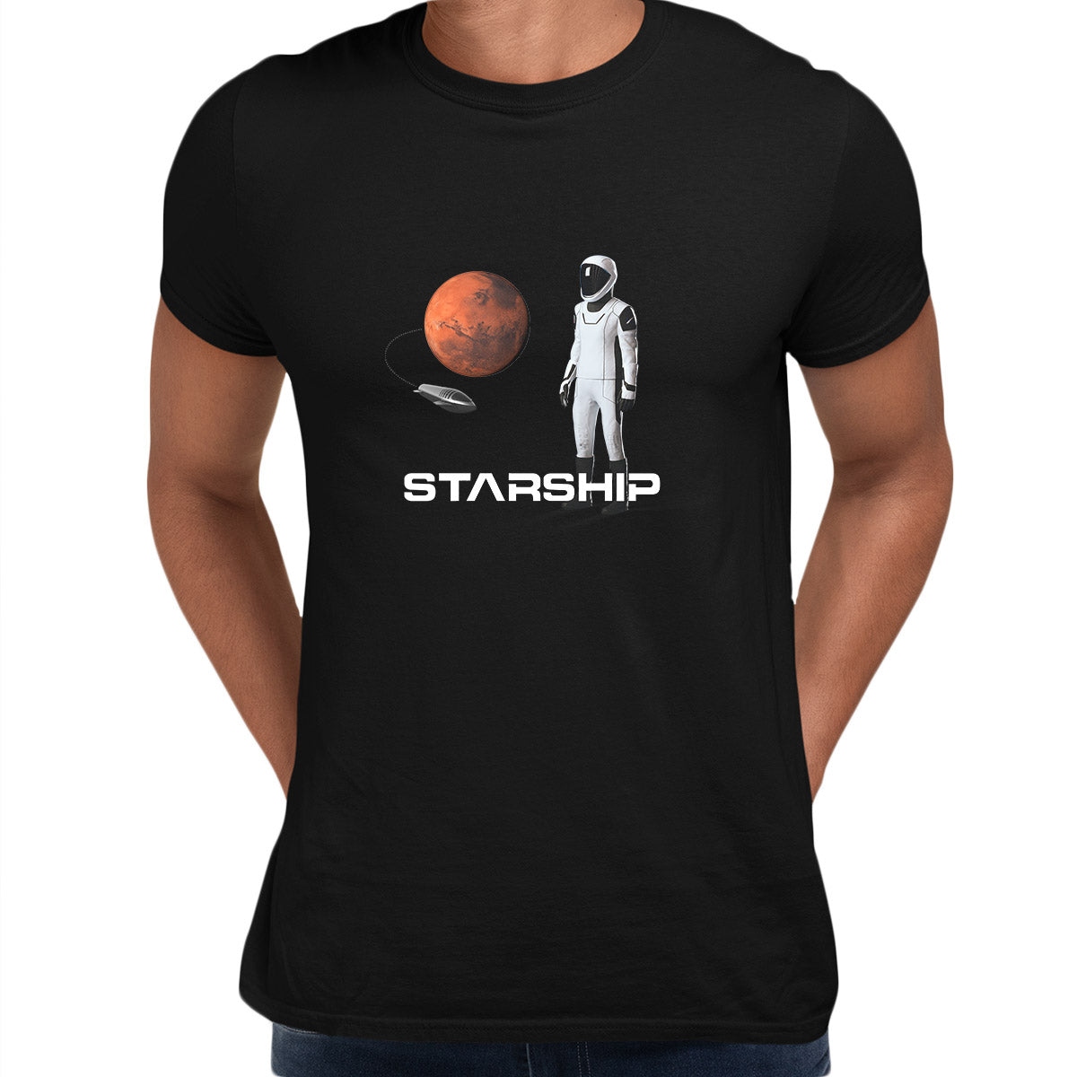 Starship SpaceX Human Astronaut Mars Launch & Land  Black T-shirt