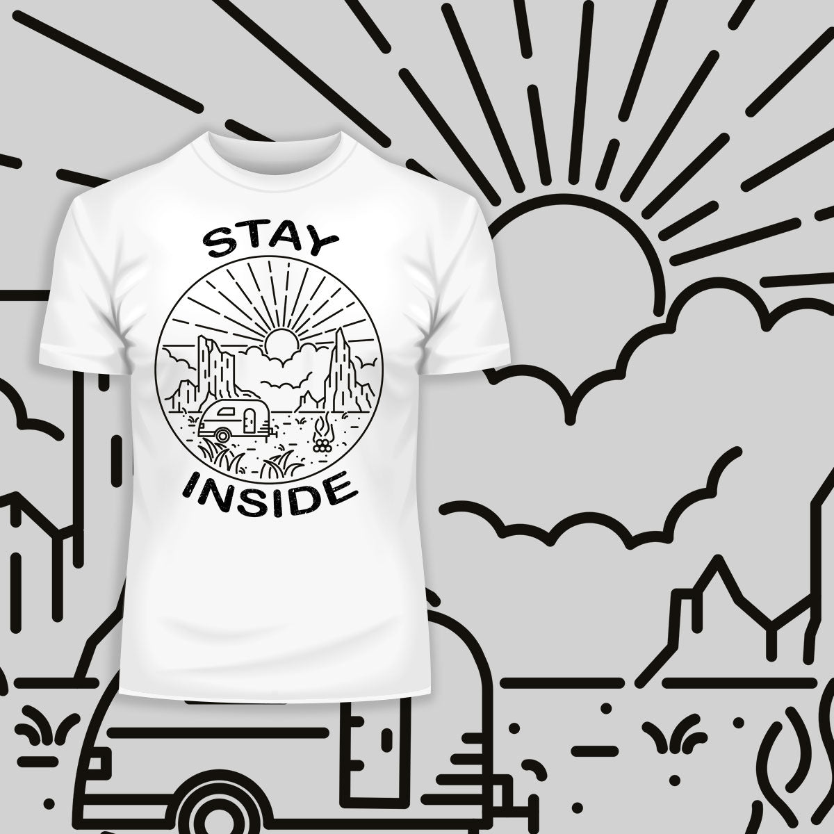 Stay Inside T-shirt - Van, Outdoor, Camping & Fire Pit Minimal Illustration - Kuzi Tees