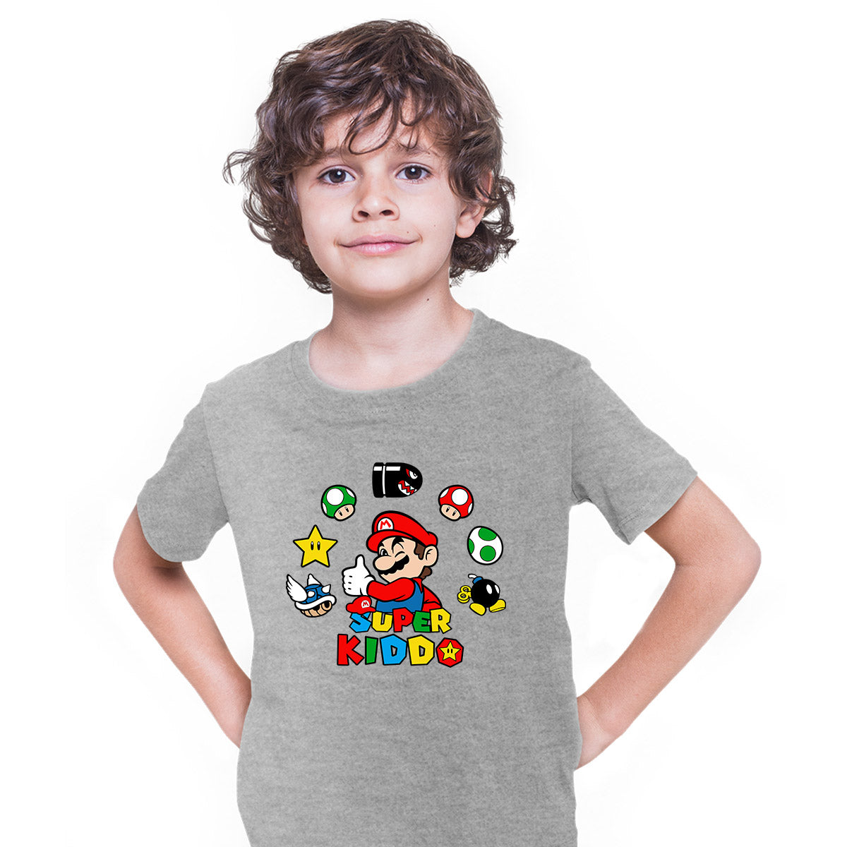 Super Kiddo T-shirt Mario Birthday Kids Custom Gaming Birthday Kids T-shirt Grey
