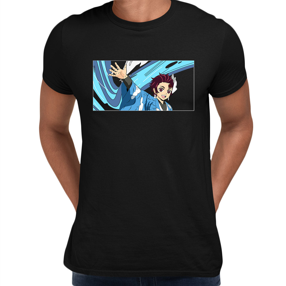 Tanjiro Blue Kimono Black t-shirt Anime