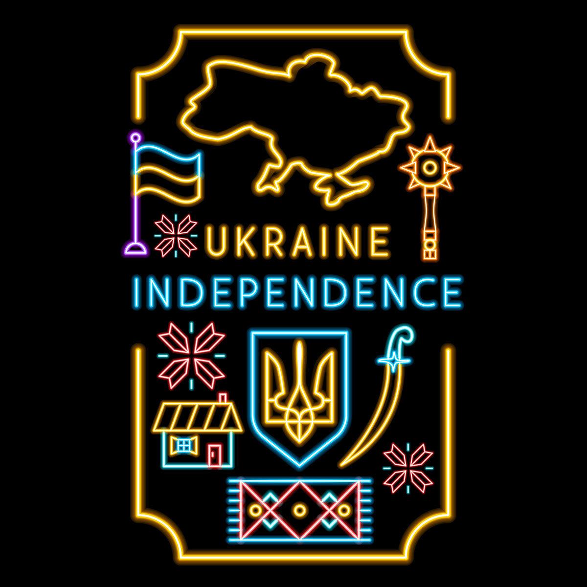 Independent Ukraine National Symbols Neon Glow Kids T-Shirt Support Ukraine War - Kuzi Tees