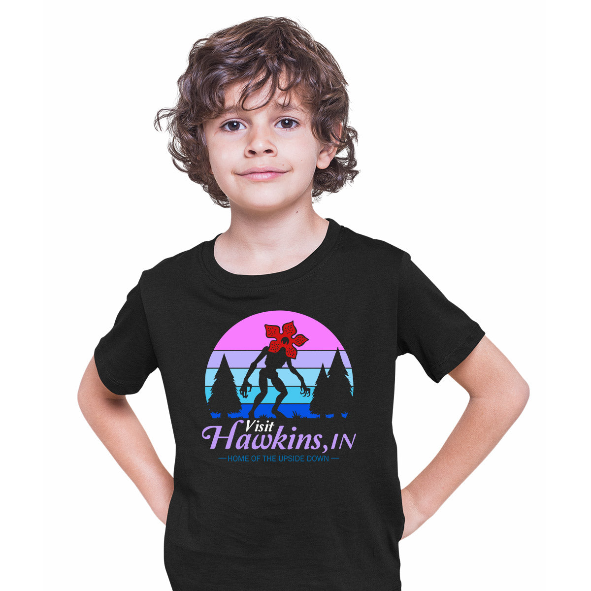 Upside Down Demogorgon Vintage Stranger Things Visit Hawkins Kids T-shirt Black