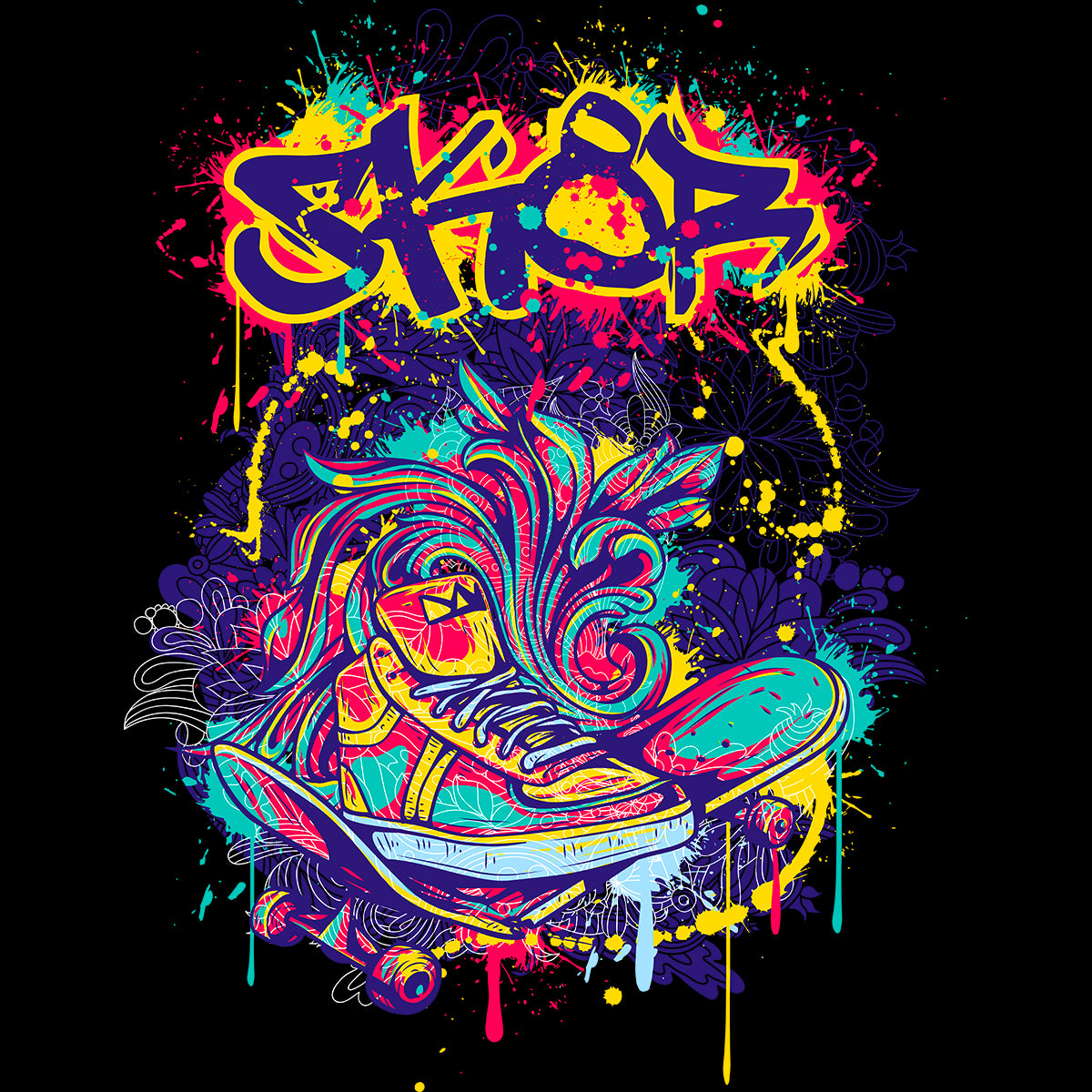 Urban Graffiti Skate & Trainers Detailed Illustration T-Shirt - Kuzi Tees