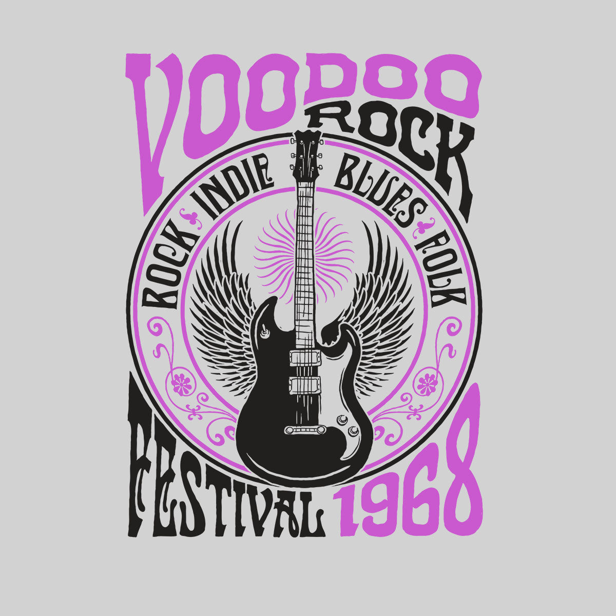 Voodoo Rock Festival 68 Retro Indie Blues Vintage Graphic Print Crew Neck Typography Unisex T-shirt - Kuzi Tees