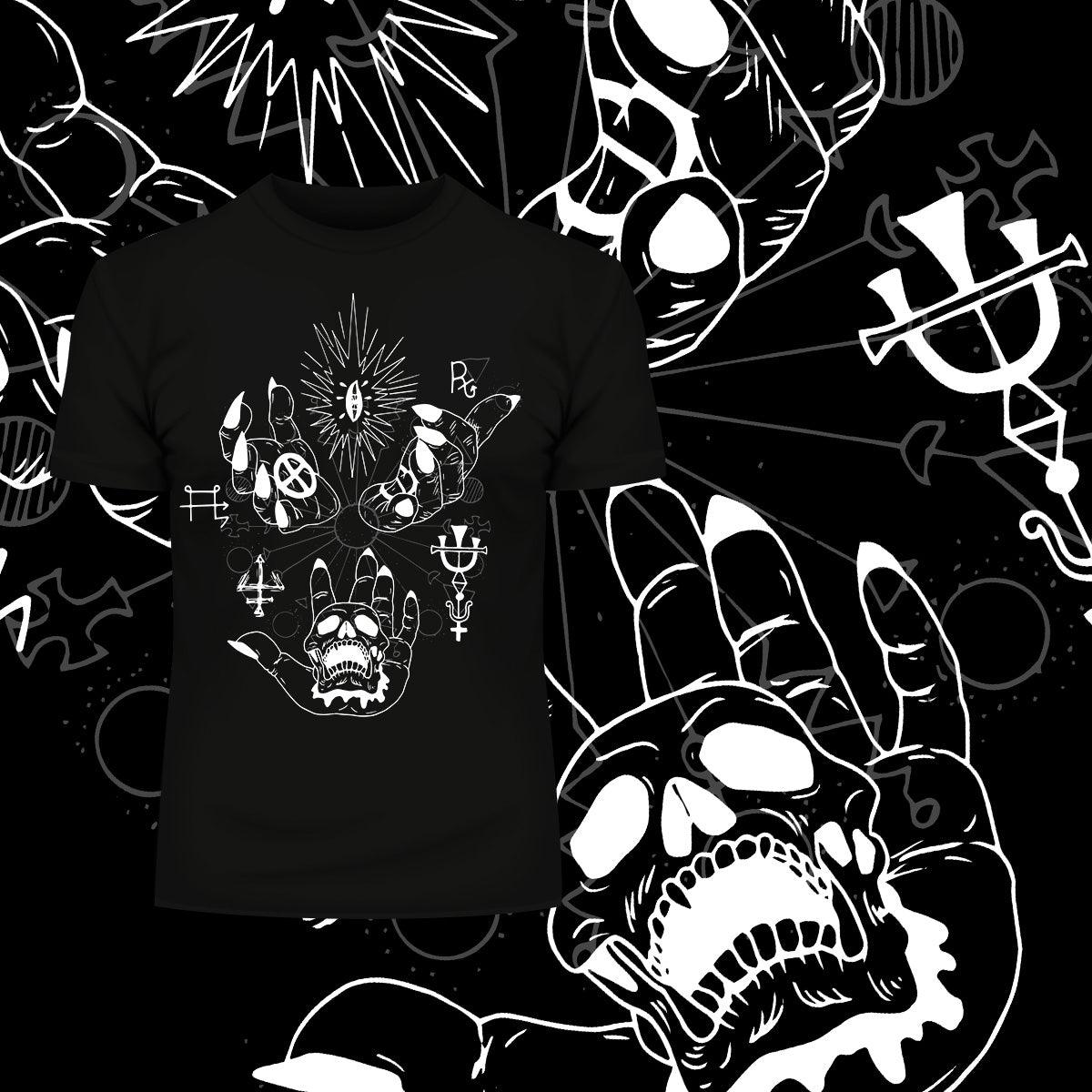 Hands with occult & mystic dark symbols Skull & Pentagram - Kuzi Tees