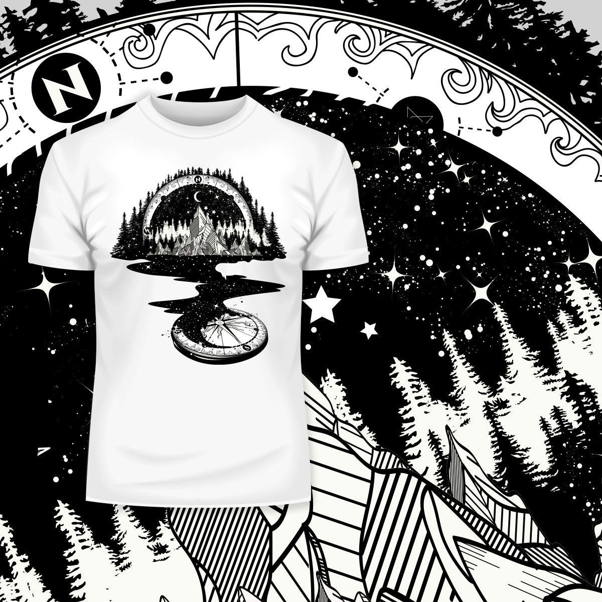 Surreal T-shirt of River Mountain & a Compass - Kuzi Tees