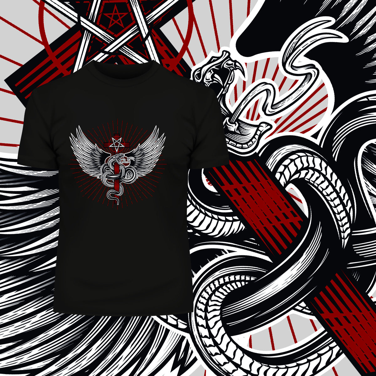 Snake with wings wrapped around a cross with pentagram - Kuzi Tees