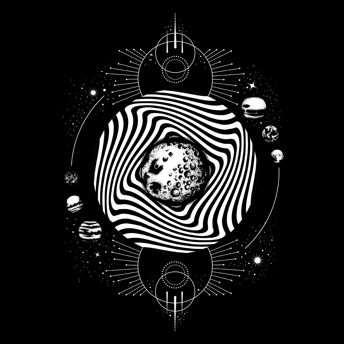 Old Skool - Surreal Moon illustration with planets - Kuzi Tees