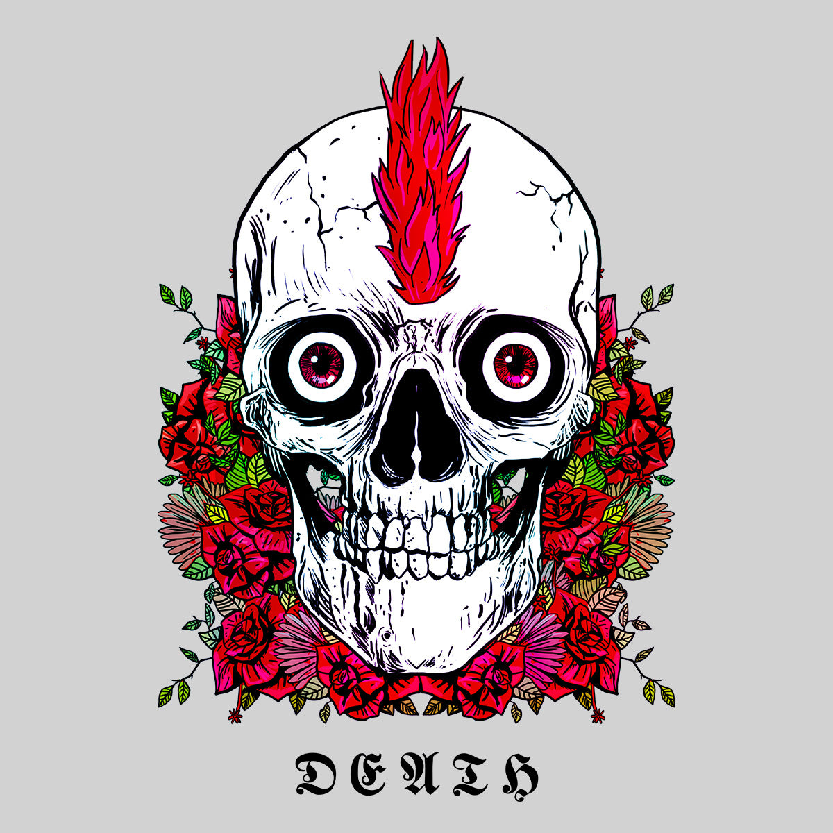 Punk Skull With Roses and Red Hair T-shirts with an Attitude For Men Crew Neck - Kuzi Tees