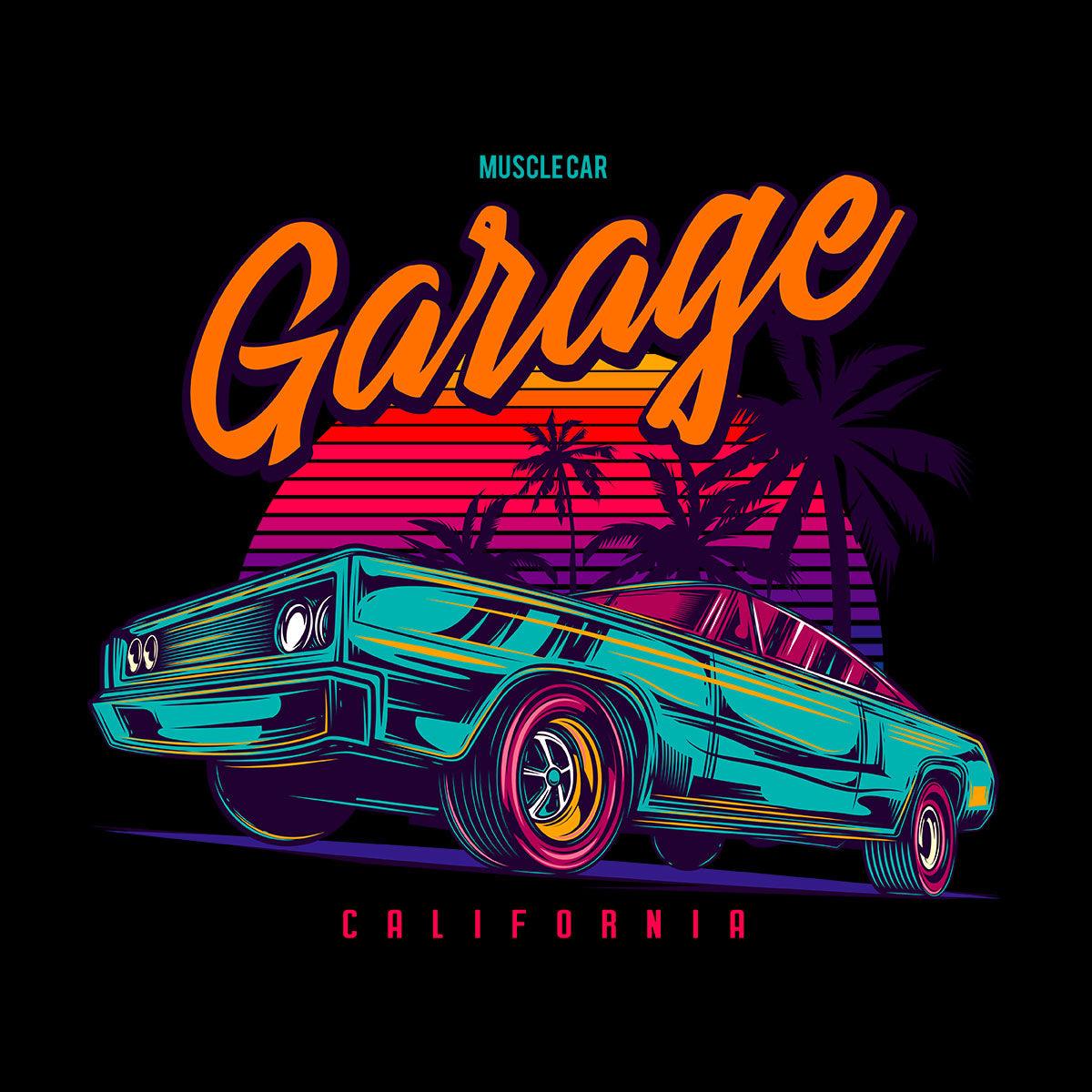 An American muscle car in retro neon style - Garage California - Kuzi Tees