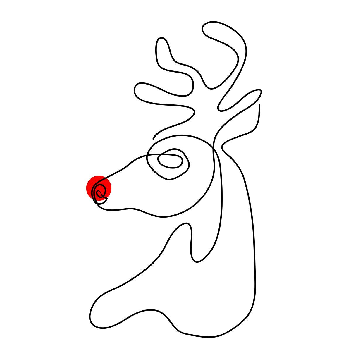 Christmas Minimal Line Design Drawing Red Nose Rudolph - Kuzi Tees