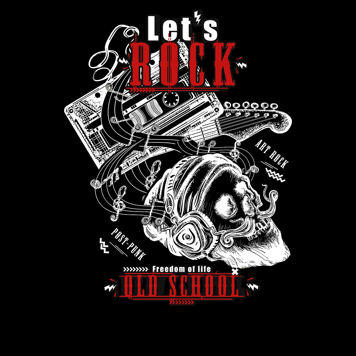 Retro Old Skool - Let's Rock Skull & Guitar - Kuzi Tees