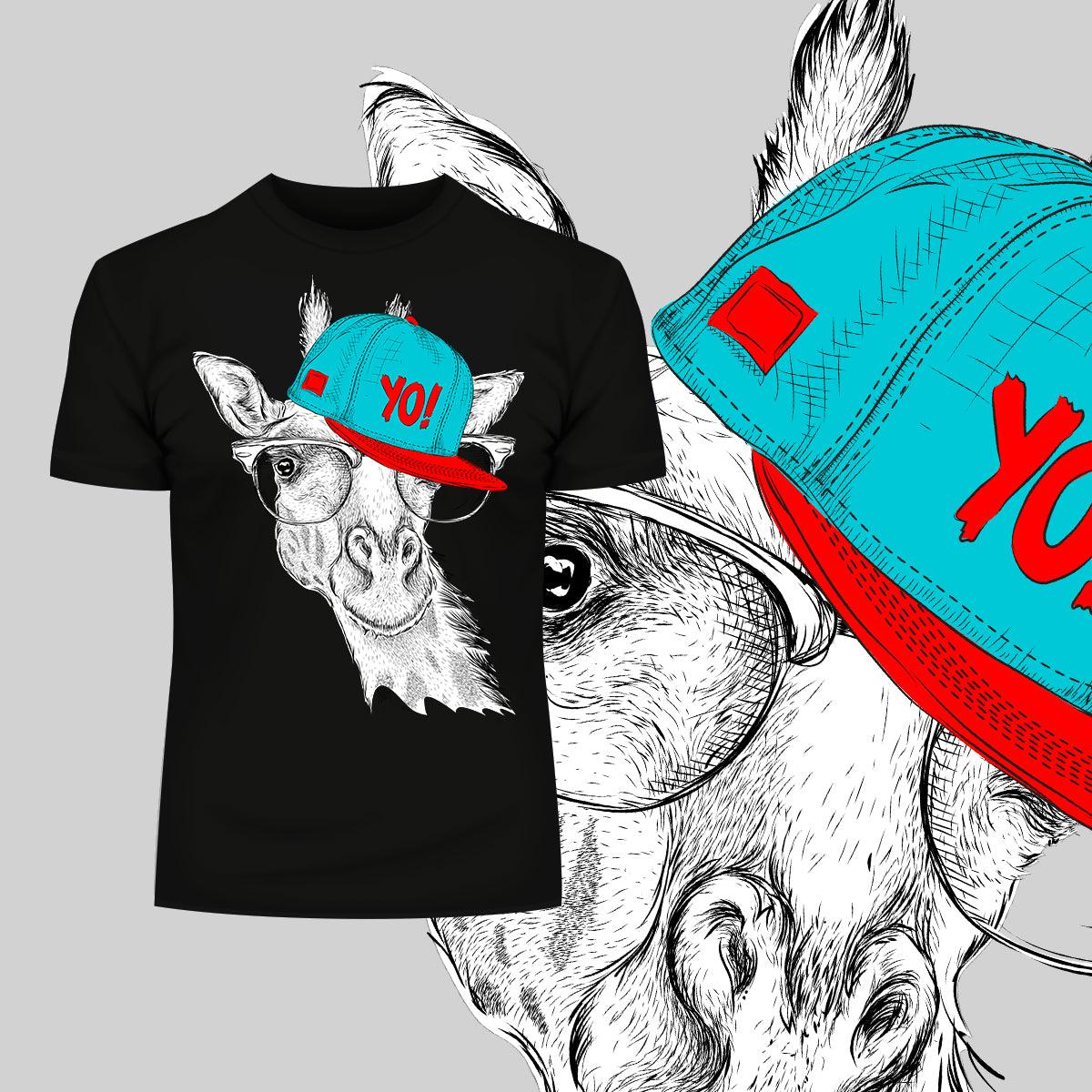 Hip Hop T-Shirt Giraffe with the Glasses and Hat - Kuzi Tees