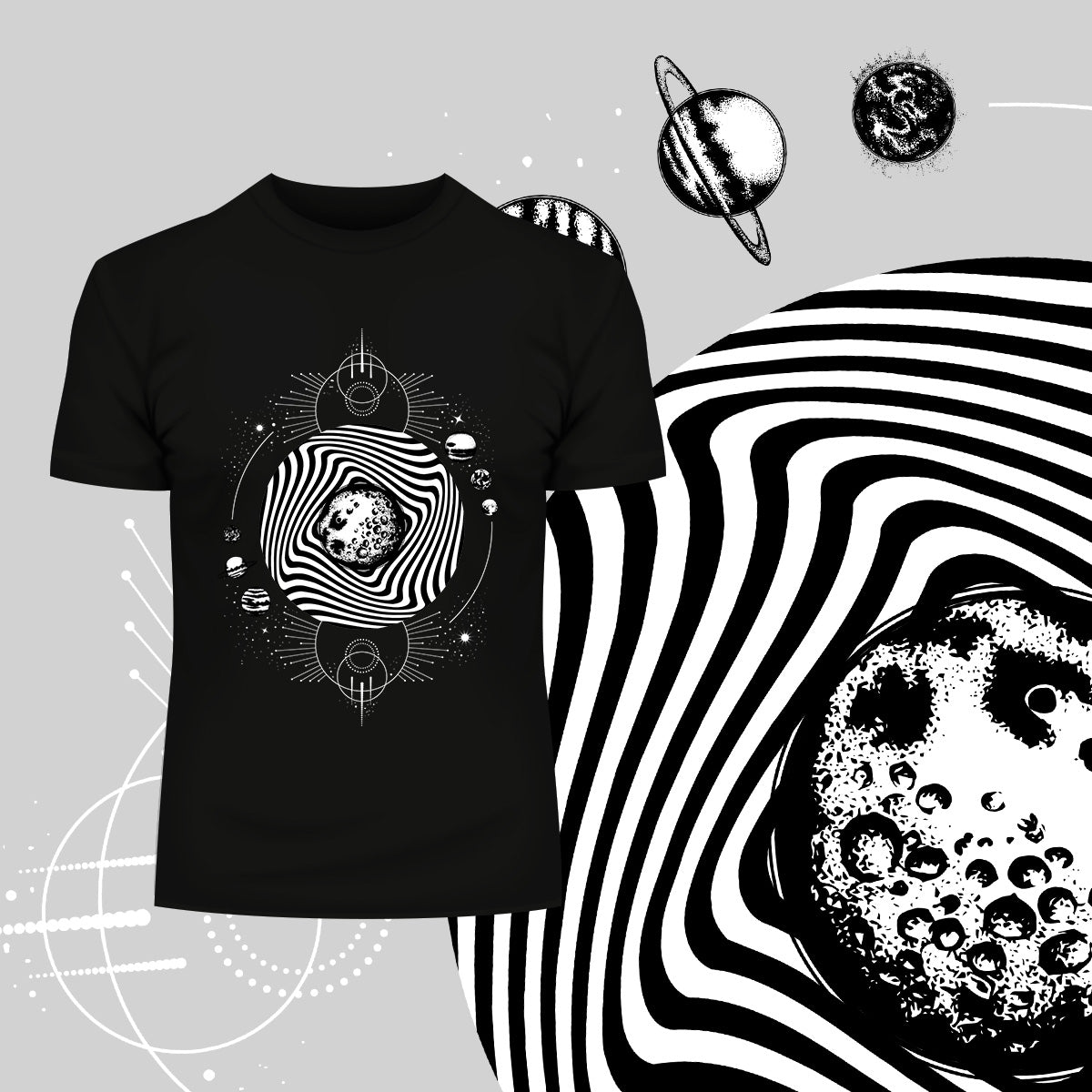 Old Skool - Surreal Moon illustration with planets - Kuzi Tees