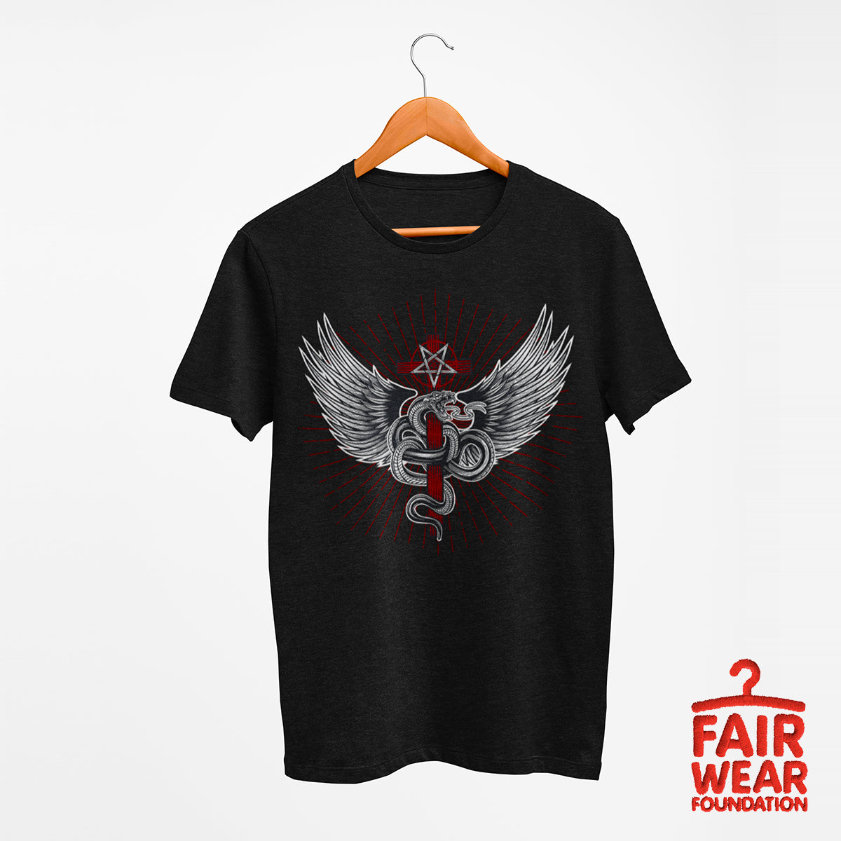 Snake with wings wrapped around a cross with pentagram - Kuzi Tees