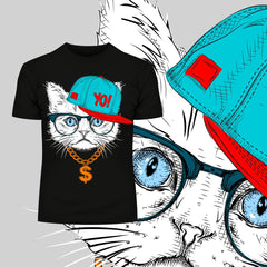 Hip Hop T-Shirt Cat with the Glasses and Gangster Hat - Kuzi Tees