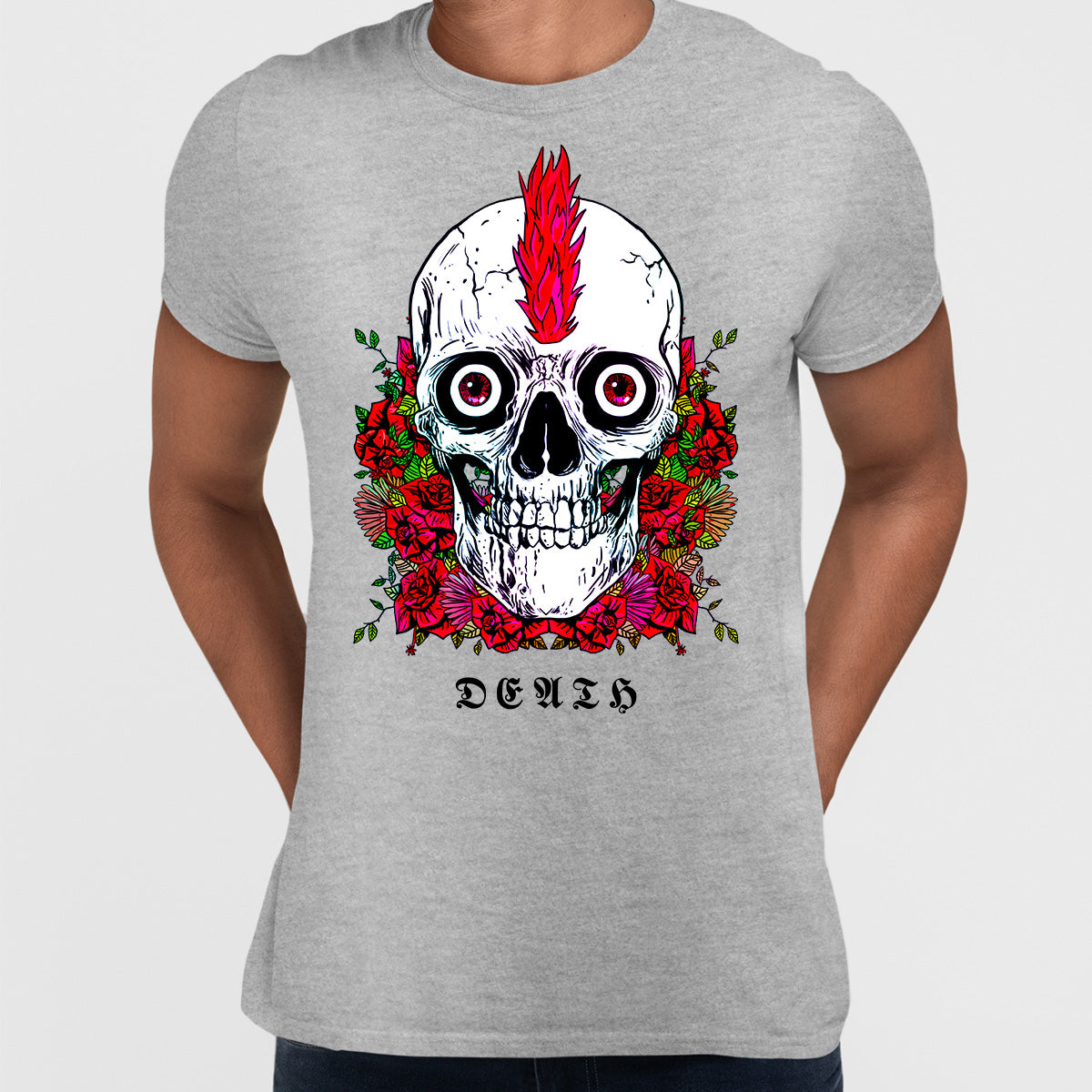 Punk Skull With Roses and Red Hair T-shirts with an Attitude For Men Crew Neck - Kuzi Tees