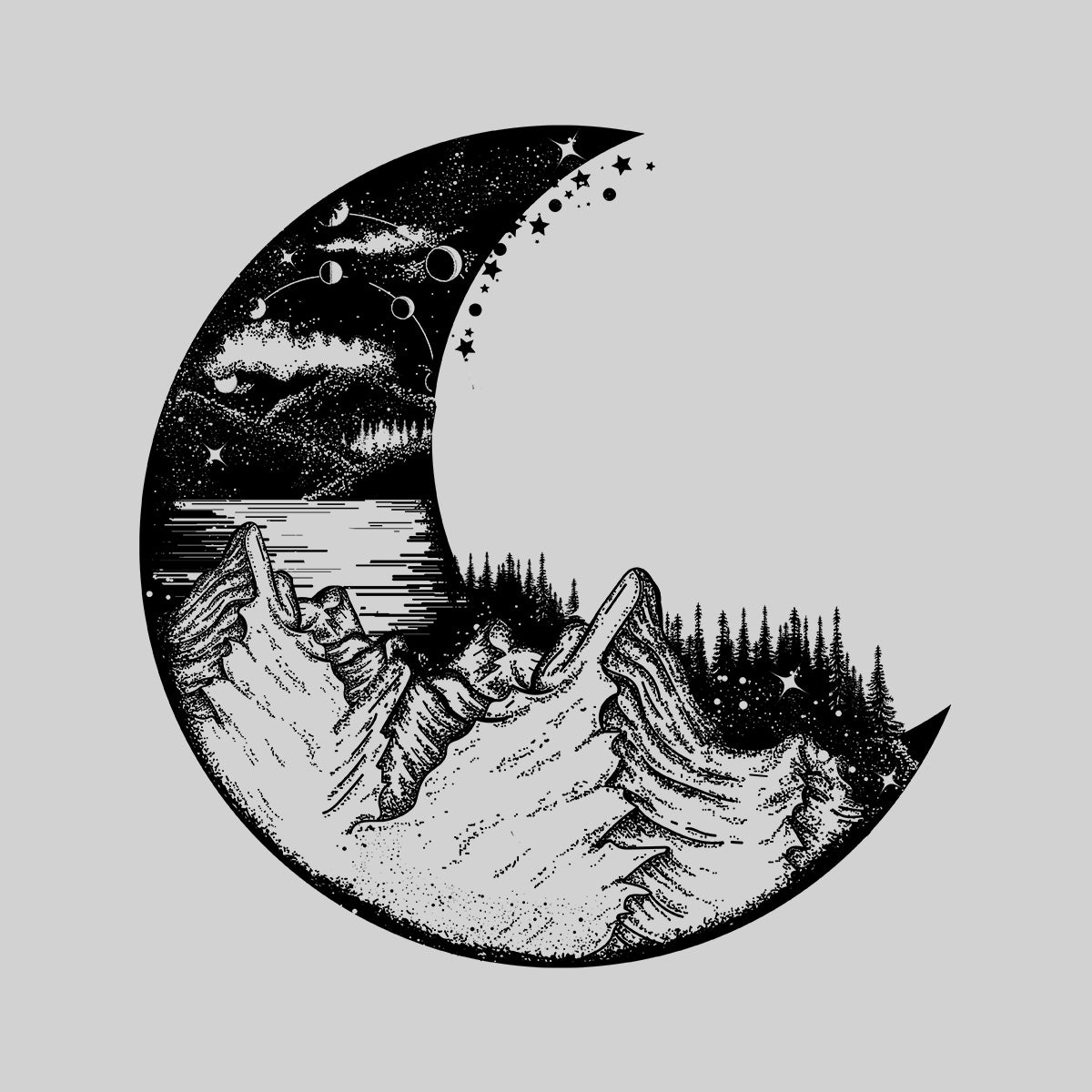 Surreal moon eclipse with forest and mountains T-shirts - Kuzi Tees