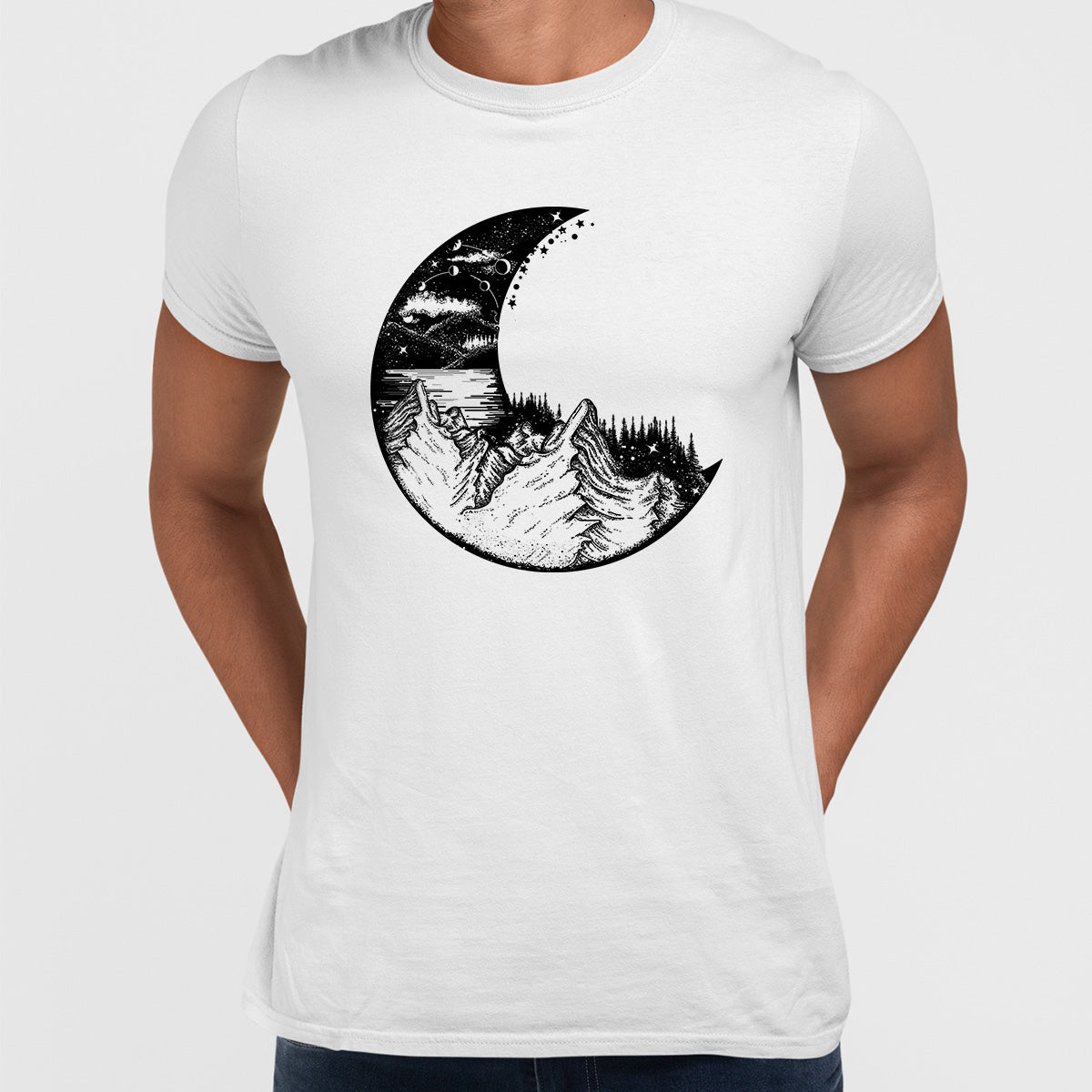 Surreal moon eclipse with forest and mountains T-shirts - Kuzi Tees